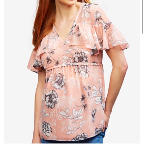 A Pea in the Pod Pink Peach Ruffle Maternity Top - Picture 1 of 7
